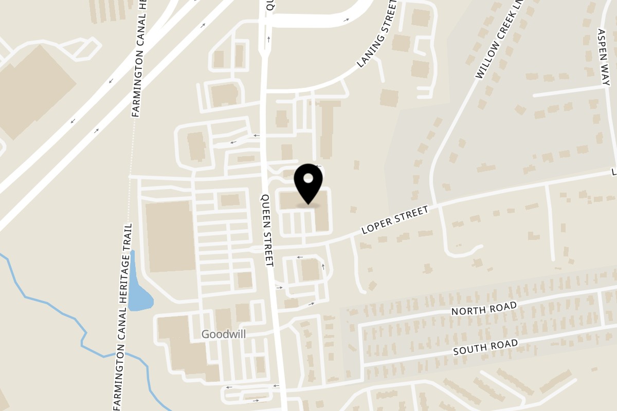 Map showing the location of Fresh Monkee Southington on 405 Queen St in Southington